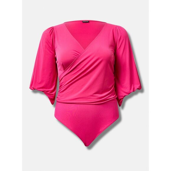 NWT Torrid Size 0 Pink Peacock Studio Knit Surplice Front Long Sleeve Bodysuit - Picture 4 of 7